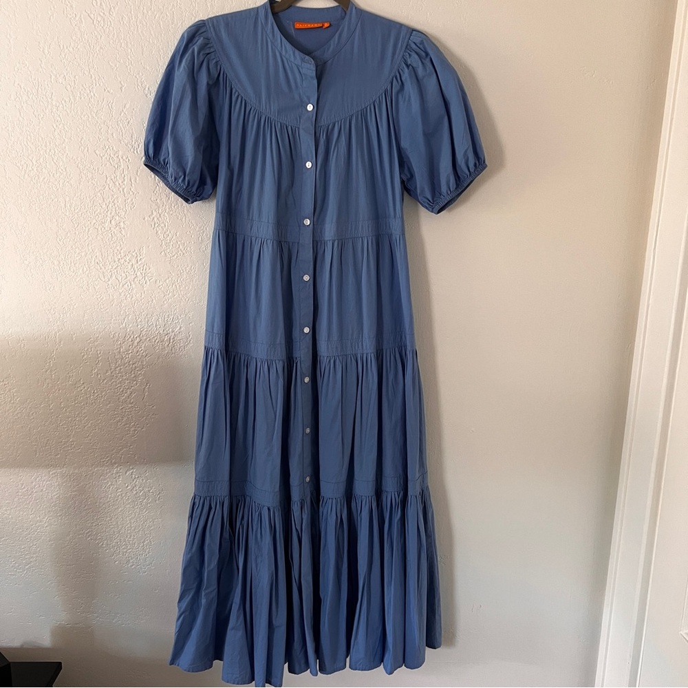 Oliphant Dusty Blue Button-Front Tiered Puff Sleeve Maxi Dress